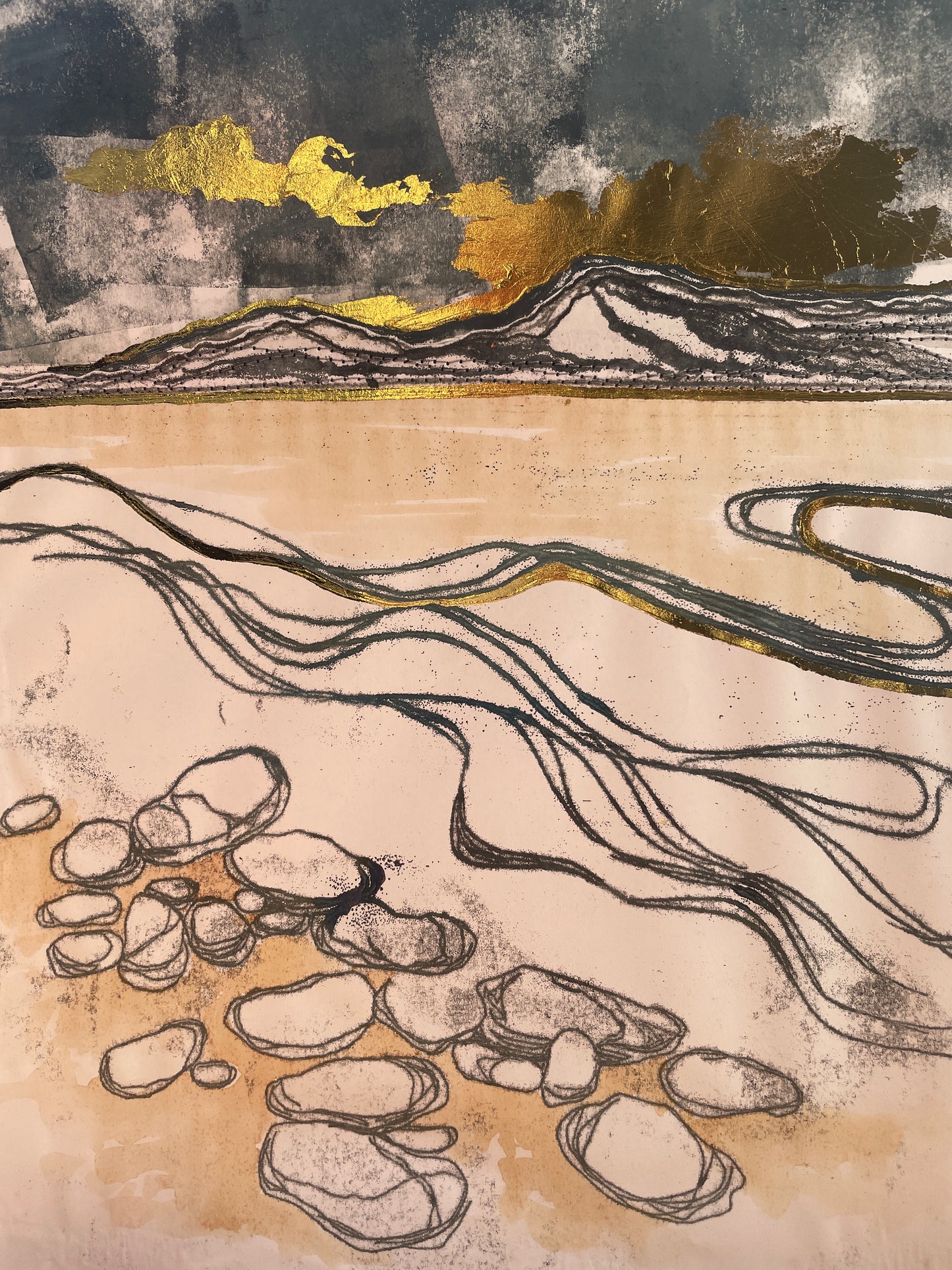 Shoreline - mixed media monotype
