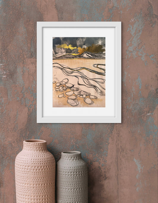 Shoreline - mixed media monotype